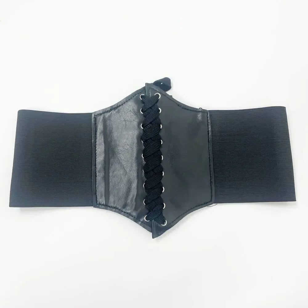 2/$30 NEW Faux Vegan Leather Lace Up Corset Belt Elastic Black (Up to Size L)